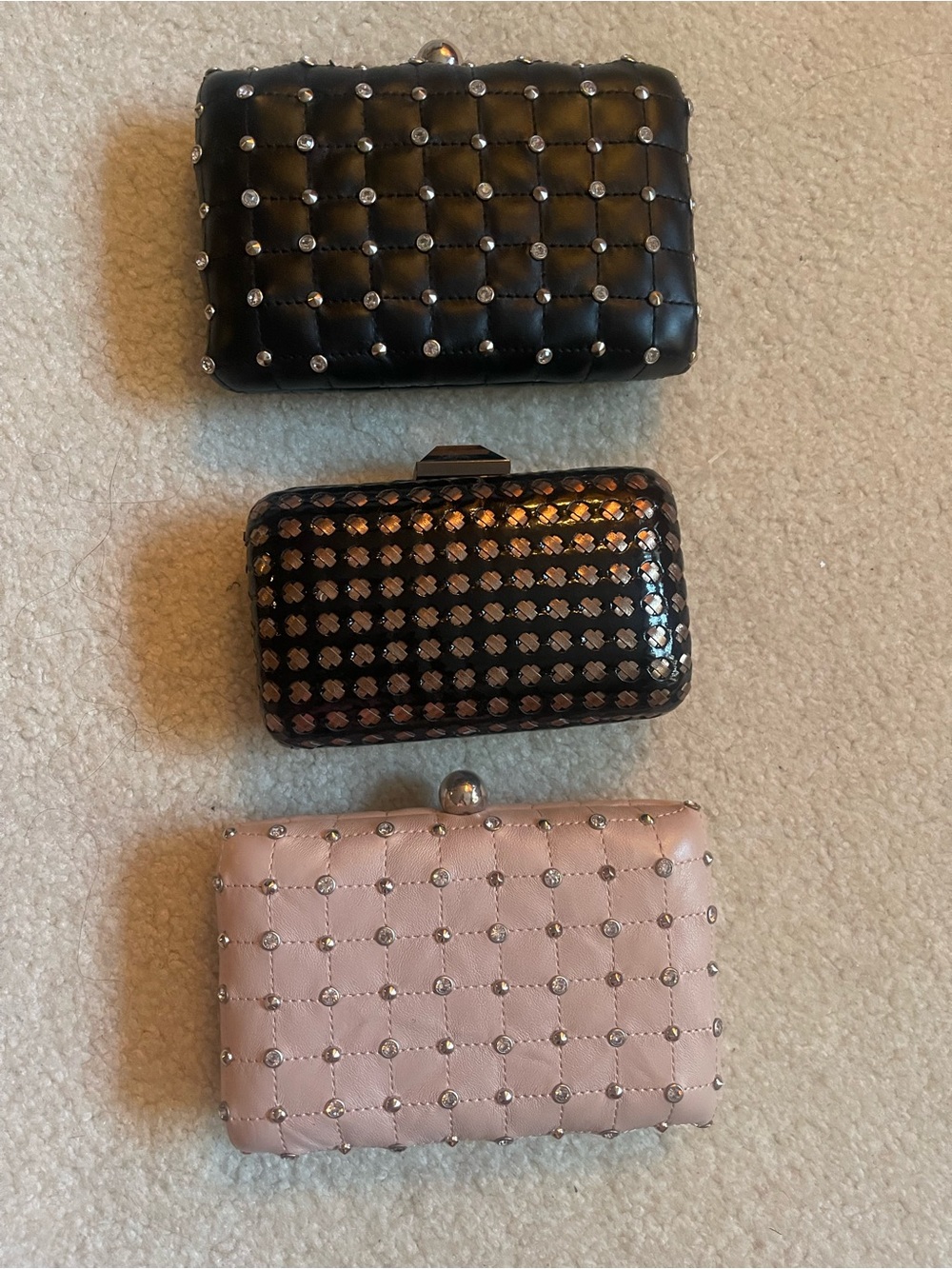 bebe Studded Quilted Black, Rose and Pink Clutch Trio